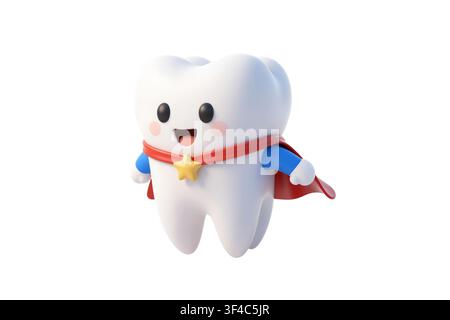 Rendering 3D di un mascotte dentale vestita da supereroe, con un costume blu e un mantello rosso, in una posa dinamica di volo. Foto Stock