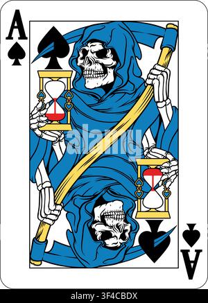 Un design di carta da gioco Asso di Picche con la mietitrice o la morte in uno stile xilografia retrò vintage Illustrazione Vettoriale