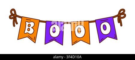 Ghirlanda di Halloween groovy con bandiere arancioni e viola con testo “boo”. Decorazione retrò funky con vibrazioni da festa degli anni '70. Pennone carnevale hipster luminoso vettoriale Illustrazione Vettoriale