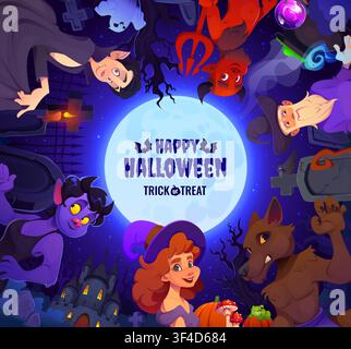 Personaggi spaventosi e fatati di Halloween su un cimitero spettrale. Vettore cartoon di vampiro, strega, diavolo rosso e mietitore con mago, lupo mannaro e fantasma aro Illustrazione Vettoriale
