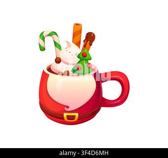 Tazza per bevanda dolce natalizia a forma di Babbo Natale, ripiena di cioccolata calda, panna montata, rotoli di waffle, cannuccia immersa nel cioccolato, albero di marshmallow e cioccolato Illustrazione Vettoriale