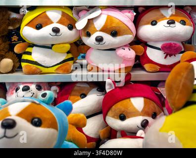 Digione Borgogna Francia 9 maggio 2026. Fila di giochi di flipper pieni di peluche di SpongeBob e di giocattoli di peluche mostruosi alla moda a un carnevale all'aperto. Foto Stock