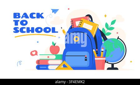 Ritorno a scuola Illustrazione vettoriale piatta con zaino Materiali scolastici Illustrazione Vettoriale