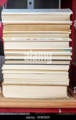 Pile di libri su uno scaffale in una libreria, messa a fuoco selettiva Foto Stock