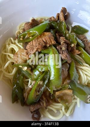 Nudli saltati con maiale e peperoncino verde serviti in un ristorante del parco nazionale forestale di Zhangjiajie, provincia di Hunan in Cina Foto Stock