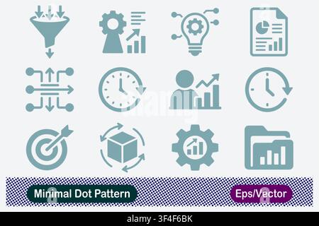 Set di icone vettoriali per strategia aziendale, gestione dei processi, gestione del tempo e definizione di obiettivi, con funnel di vendita, innovazione e analisi dei dati Illustrazione Vettoriale