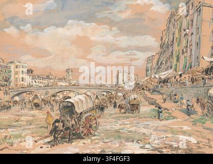 Illustrazione storica di carri del mercato radunati nel letto asciutto del fiume a Gerona (Girona), Spagna, con un ponte di pietra che attraversa il fiume e file di edifici che costeggiano entrambe le rive. Opera di Sir Muirhead Bone, realizzata intorno al 1898–1930. Foto Stock