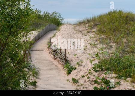 Passeggiata di legno attraverso le dune di sabbia del Mar Baltico in Lettonia che porta alla spiaggia attraverso una riserva naturale costiera Foto Stock