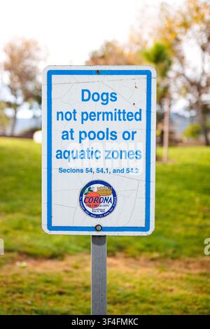 Segnale del parco che indica che i cani non sono ammessi alle piscine o nelle zone acquatiche, esposto in un'area erbosa di un parco pubblico durante il giorno. Foto Stock