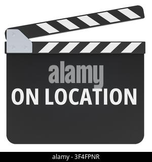Concetto On Location con ciak di scena. Rendering 3D isolato su sfondo bianco Foto Stock