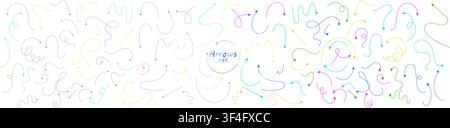Set di frecce a linea sottile e tratteggiata disegnate a mano. Puntatori vettoriali curvi colorati che puntano in direzioni diverse su sfondo bianco. Elementi di design semplici Illustrazione Vettoriale