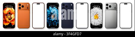 Pacchetto di mockup di telefono cellulare arancione, blu e argento dettagliato. Vista frontale e posteriore isolata. Mockup UI con sfondo di fiori. Illustrazione vettoriale Illustrazione Vettoriale