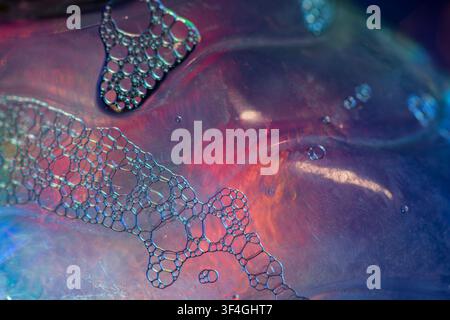 **Descrizione:** Fotografia macro astratta di bolle di sapone e schiuma che formano delicati motivi cellulari su una superficie lucida illuminata da una luce vivida Foto Stock