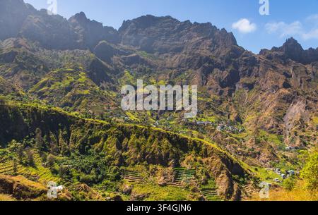Vista aerea di Trilha do Vale do Paul con campi terrazzati verdeggianti su ripide colline vulcaniche e piccole case di villaggio nella valle Foto Stock