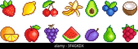 Frutta pixel. Icone pixelate di frutta, elementi di gioco arcade 8 bit. Banana fresca, ciliegia, limone, arancia, avocado e fetta di anguria, vettore ordinato Illustrazione Vettoriale