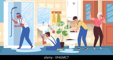 Idraulici che riparano il bagno. Riparazione di emergenza di tubi dell'acqua domestici lavandino intasato toilette servizio idraulico professionale manutenzione di drenaggio incidente domestico tuttofare illustrazione vettoriale elegante opera d'arte originale Illustrazione Vettoriale