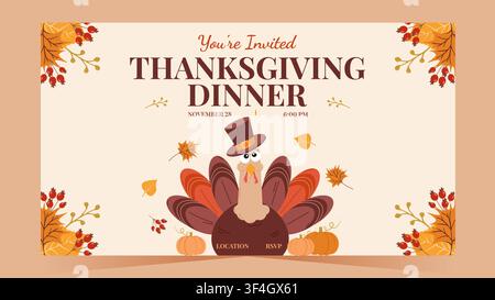 Tacchino carino con zucche e ghirlanda autunnale per un invito a una cena del Ringraziamento. Ideale per biglietti di auguri, eventi di festa e design di stampa, illustrazione vettoriale. Illustrazione Vettoriale