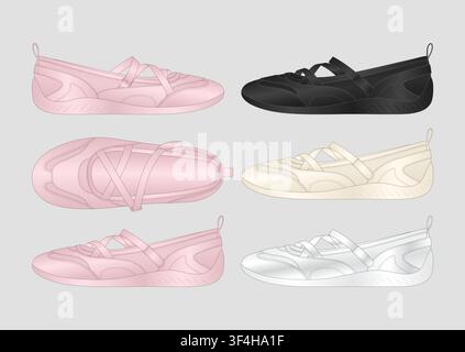 Collezione di ballerine premium con cinturini elastici incrociati, scarpe slip-on minimaliste Illustrazione Vettoriale