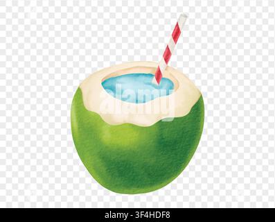 Illustrazione ad acquerello di una bevanda al cocco verde con cannuccia e liquido blu rinfrescante, perfetta per i design estivi. Vettore. Illustrazione Vettoriale