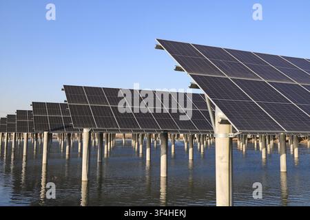 L'immagine mostra una vista parziale di una centrale solare galleggiante, con più file di pannelli solari neri sfalsati sostenuti da pilastri di cemento. Bene Foto Stock
