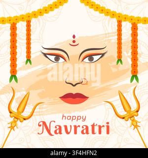 Modello di post social media felice per Navratri con il volto della dea Durga Illustrazione Vettoriale