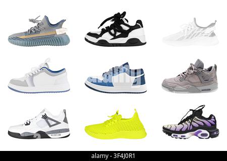 Set di varie scarpe da ginnastica e scarpe sportive moderne isolate su sfondo bianco. Foto Stock