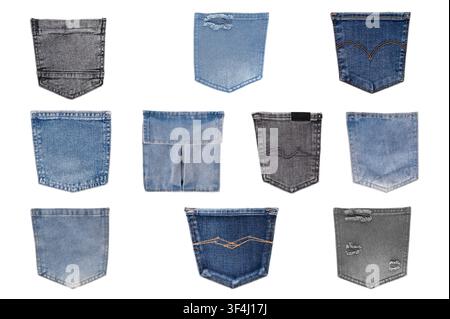 Set di varie tasche in denim con texture e cuciture diverse isolate su sfondo bianco. Foto Stock