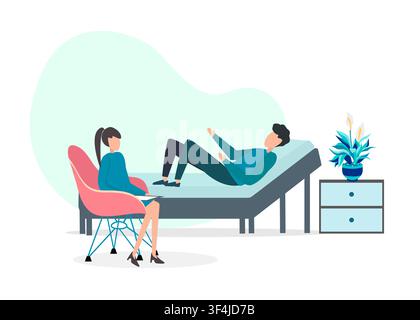 Uomo sdraiato sul divano, parlando con lo psicologo del suo problema, sfondo bianco. Illustrazione vettoriale in stile piatto Illustrazione Vettoriale