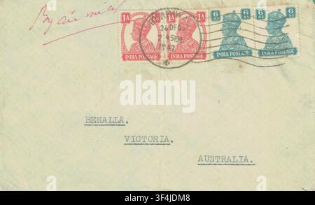 Busta postale aerea vintage del 1947 dall'India all'Australia, storia postale post-partizione. Foto Stock