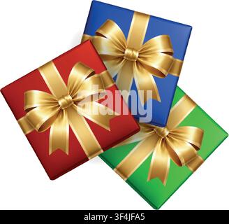Tre scatole regalo colorate con nastri dorati isolati su sfondo bianco. Design festivo per compleanni e celebrazioni festive Illustrazione Vettoriale