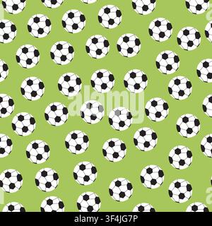 Modello vettoriale senza giunture con palline da calcio su sfondo verde. Carta da parati per lo sport di squadra, carta da imballaggio, design in tessuto Illustrazione Vettoriale