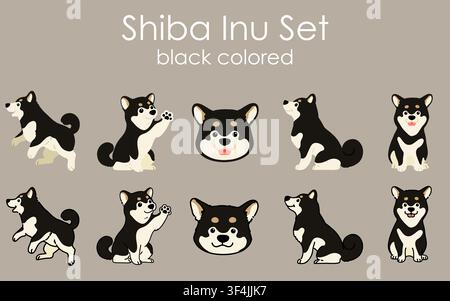 Set di illustrazioni semplici e carine di Shiba Inu neri Illustrazione Vettoriale