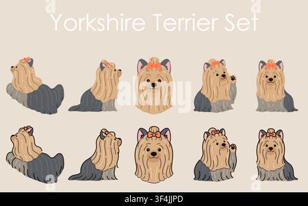 Illustrazioni semplici e adorabili di Yorkshire Terrier a pelo lungo colorate in piatto Illustrazione Vettoriale