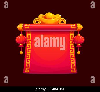Rotolo di pergamena rossa cinese o manoscritto su carta vintage e banner asiatico. Rotolo di pergamena rossa cinese con monete yuan d'oro, lingotto sycee dorato e l Illustrazione Vettoriale