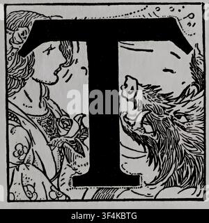 Lettera maiuscola T decorata con una donna che tiene una rosa da un lato e una bestia mitica dall'altro, raffigurante una fiaba o una favola. Illustrato da Louis Rhead nel 1922 Foto Stock