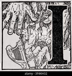 Lettera maiuscola I decorata e ornata con un uomo, forse il re Davide, che suona l’arpa, circondata da un intricato fogliame e rampicanti, con una grande mano che si allunga dall’alto. Illustrato da Louis Rhead nel 1922 Foto Stock