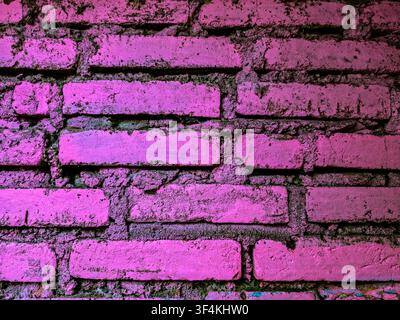 Primo piano di un muro di mattoni rustico dipinto in toni vivaci di magenta e rosa, con giunti di malta ruvidi e texture di muratura consumate. Foto Stock