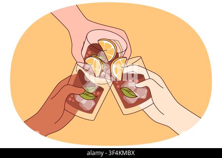 Alcol bere in bicchieri in mani di persone che bevono whisky con pezzi di lime e cubetti di ghiaccio. Festa alcolica per i visitatori del bar che gustano brandy freddo forte o cognac dalla carta dei vini del ristorante Illustrazione Vettoriale