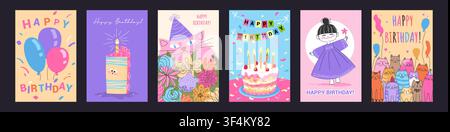 Biglietto di compleanno. Torta per feste felice, poster per feste regalo retrò o tag di invito di compleanno. Invito di compleanno con caramelle. Palloncini colorati disegnati a mano, torte festive, fiori e gatti. Poster verticale vettoriale Illustrazione Vettoriale