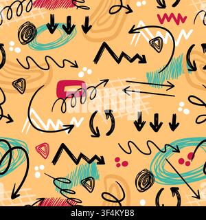 Modello astratto a doodle senza cuciture. Frecce disegnate a mano, scarabocchi, sfondo grafico per comunicazione moderna, navigazione e dinamica. Tessuto decorativo, carta da imballaggio, carta da parati. Stampa vettoriale per tessuto Illustrazione Vettoriale
