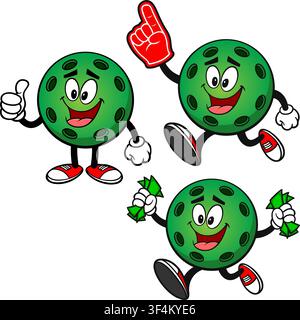 Set di mascotte di Pickleball 04, illustrazioni disegnate a mano di mascotte di Pickleball in varie pose. Illustrazione Vettoriale