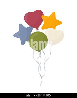 Mazzo di palloncini per feste con forme a cuore e a stella. Illustrazione vettoriale in stile piatto pastello morbido. Clipart festivo per feste per biglietti di compleanno, inviti Illustrazione Vettoriale