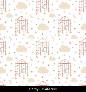 Modello senza cuciture con mobile per bambini con forme di luna, stella e nuvole. Design tessile per cameretta con adorabile giocattolo sospeso per la decorazione della camera da letto del neonato. Sfondo infantile carino. Illustrazione Vettoriale
