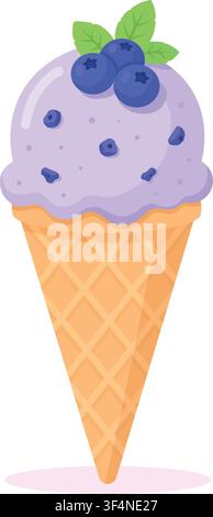 Una bella pallina di gelato viola ai mirtilli o alla lavanda in un cono di waffle croccante, illustrazione vettoriale isolata su sfondo bianco. Questo dessert estivo Illustrazione Vettoriale
