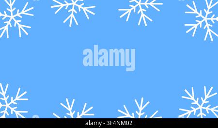Sfondo invernale azzurro con fiocchi di neve bianchi che incorniciano gli angoli per design festivi stagionali Foto Stock