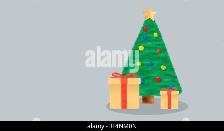 Albero di Natale verde decorato con palline colorate e una stella dorata accanto a due scatole regalo su uno sfondo grigio Foto Stock