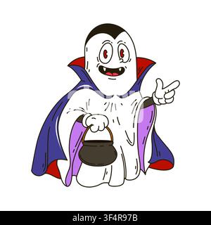 Fantasma di Halloween divertente e groovy con zanne affilate Illustrazione Vettoriale