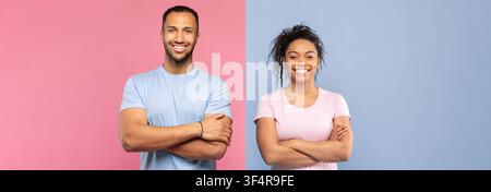 Uomo e donna di razza mista sorridenti in piedi con le braccia incrociate, sfondo rosa e blu Foto Stock