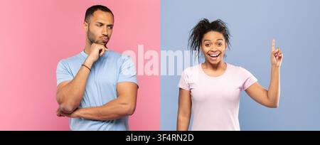 Uomo ispanico pensieroso e donna nera felice che gesticola in studio, concetto di business Foto Stock