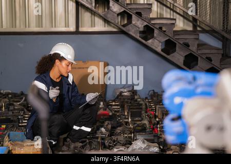 Tecnica donna che utilizza un tablet digitale per controllare l'inventario dei ricambi per servomotori elettrici in un magazzino industriale. Concetto di sistema di controllo delle scorte, in Foto Stock